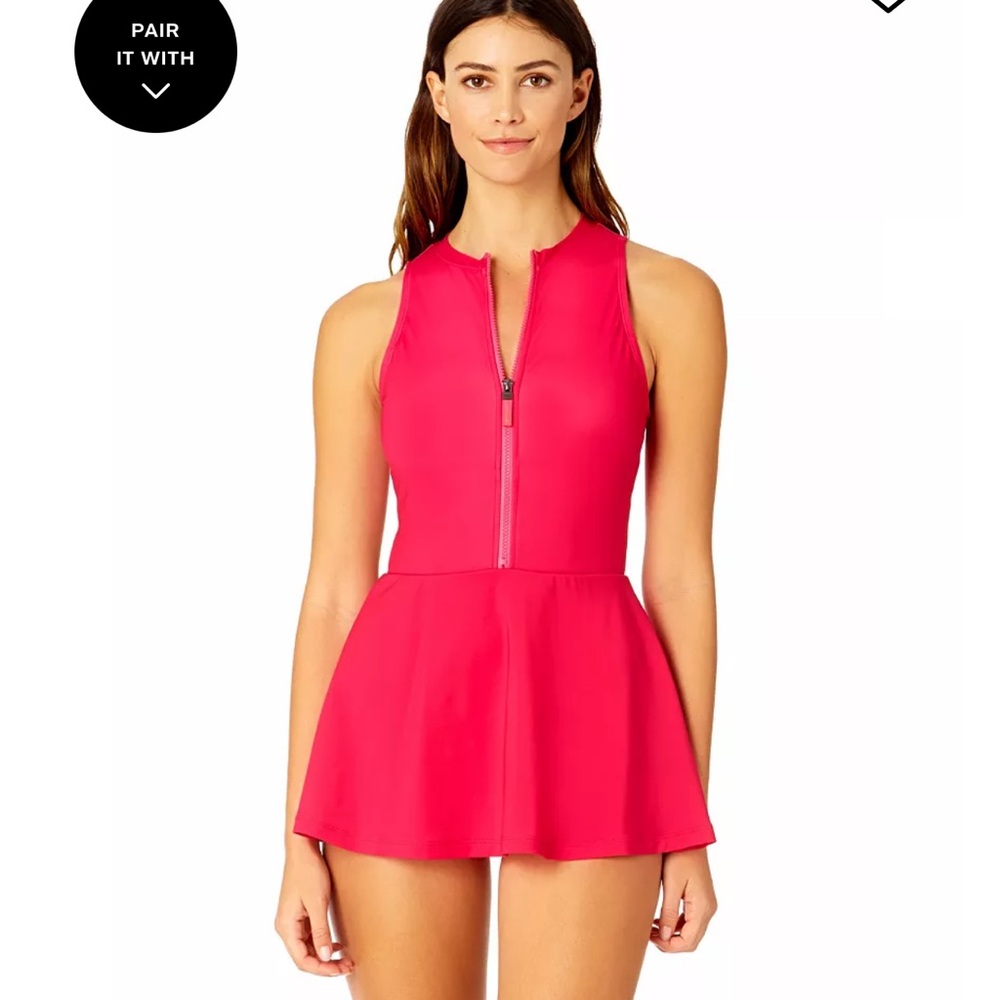 Zip-Front Skirted One-Piece Swimsuit in Hot Pink